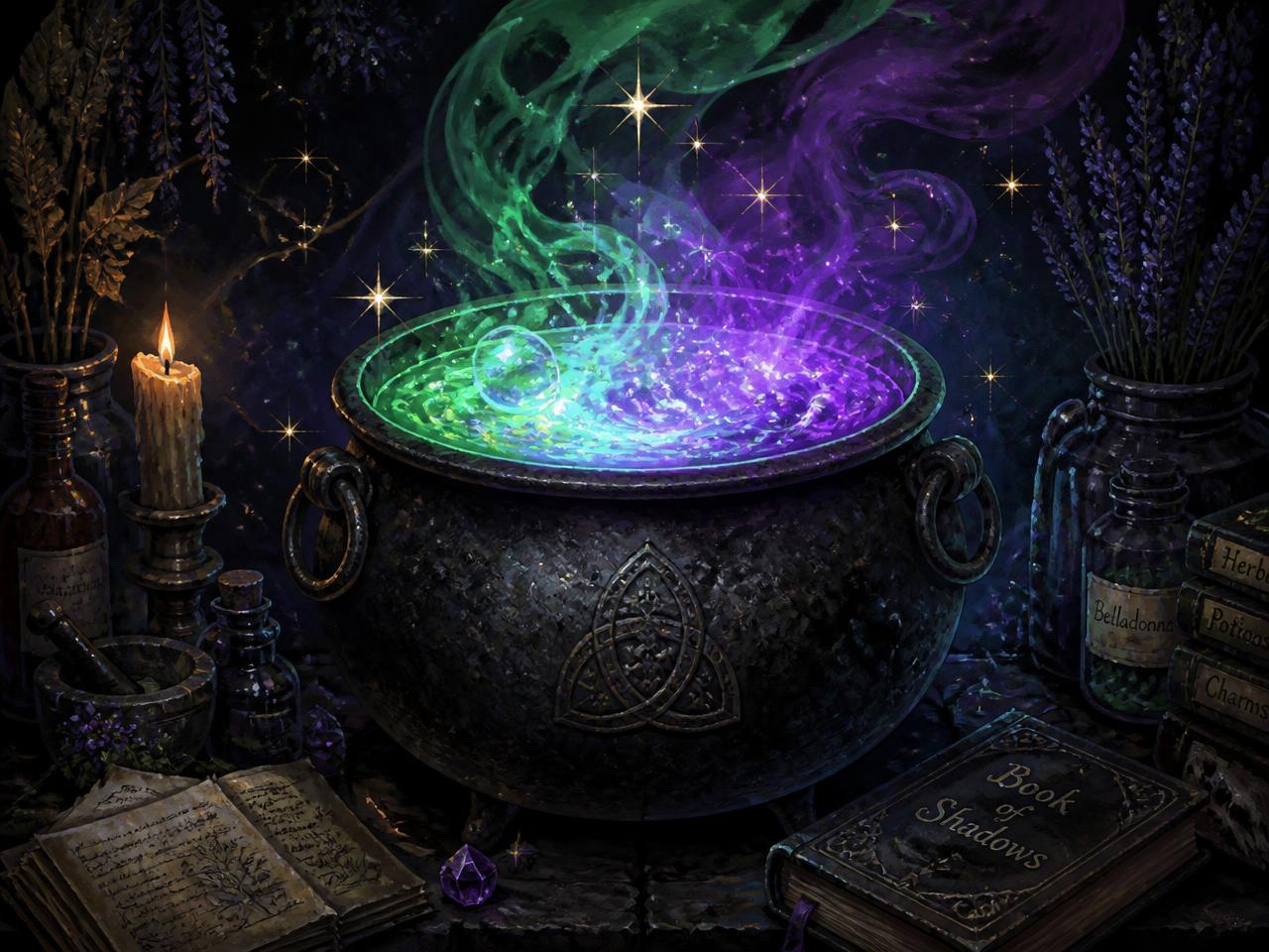 Caldero de bruja burbujeando con poción verde y violeta